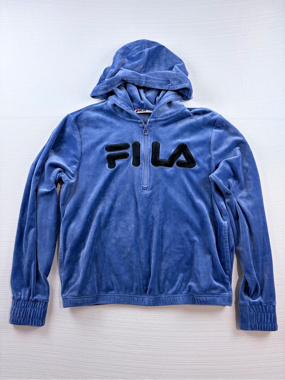 Fila Women’s Blue Velour Zip-Up Hoodie with Black Logo Size M